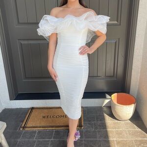 Ladylike White Ruched Bardot Midi Dress With Organza Trim